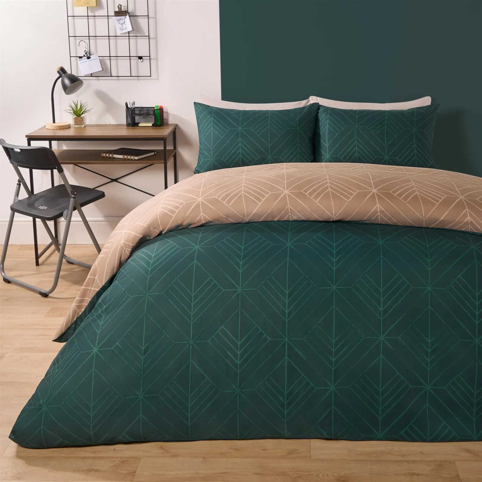 OHS Geo Duvet Cover Bedding Set & Pillowcase Reversible Art Deco Quilt in Natural
