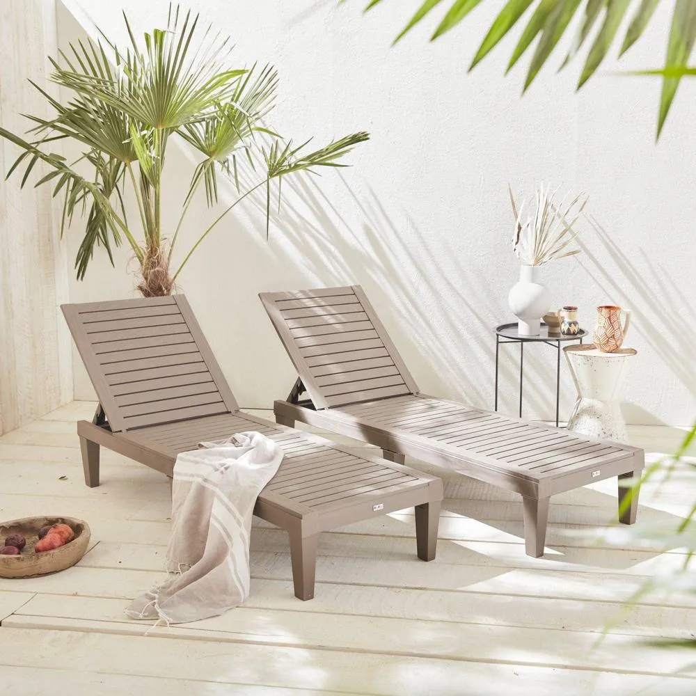 sweeek Pair of plastic sun loungers with textured wood effect in Grey