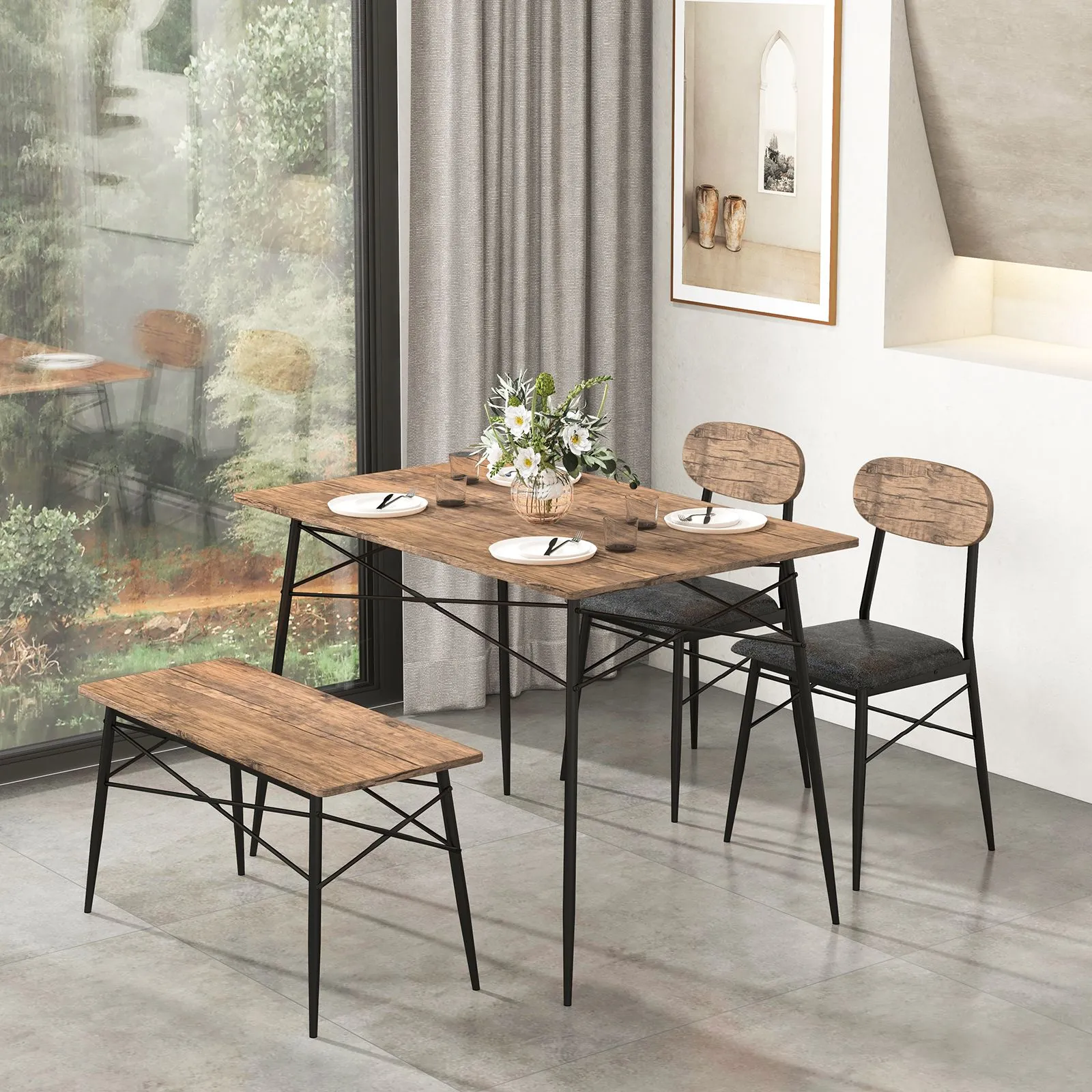 Costway 4 Pcs Dining Table Set Rectangular Kitchen Table w/ Bench & 2 Upholstered Chairs in Brown 2
