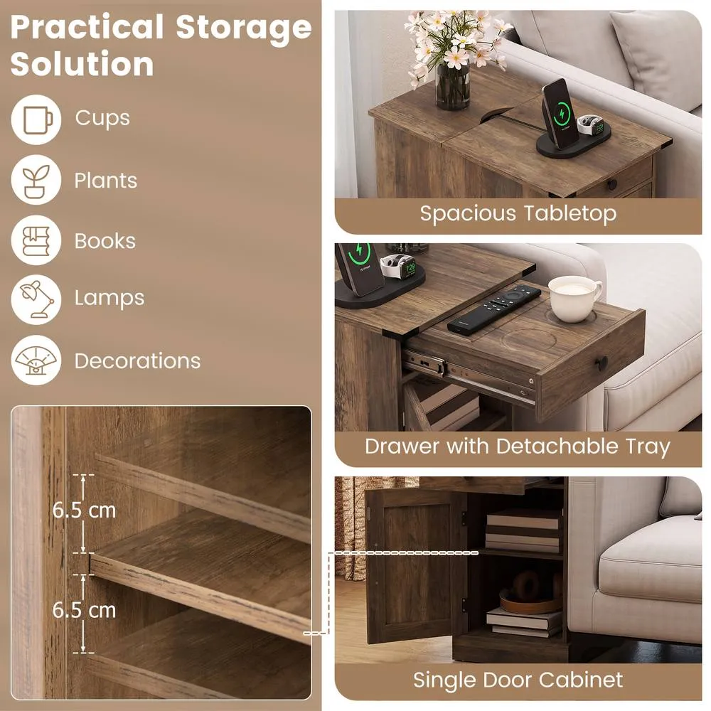 Costway Narrow Wooden Nightstand with Power Outlets in Brown 6