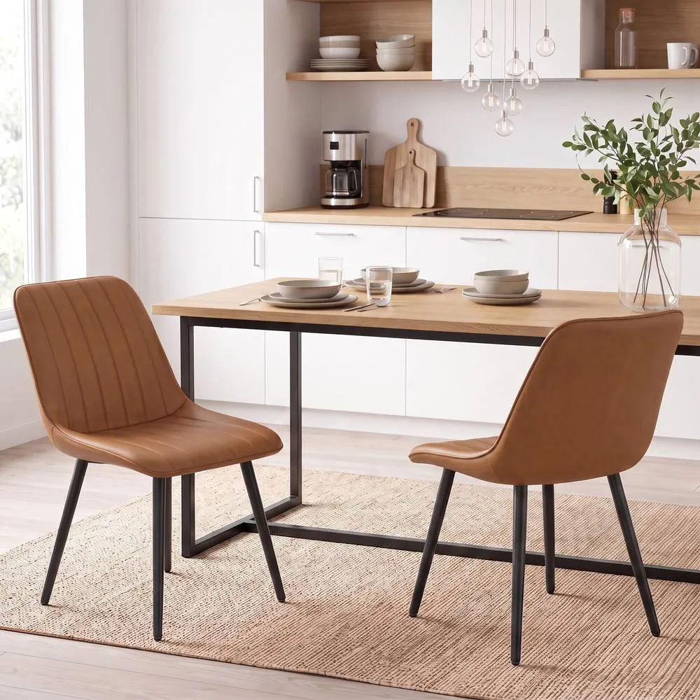 HOMCOM Faux Leather Upholstered Kitchen Chairs with Metal Legs, Brown 2