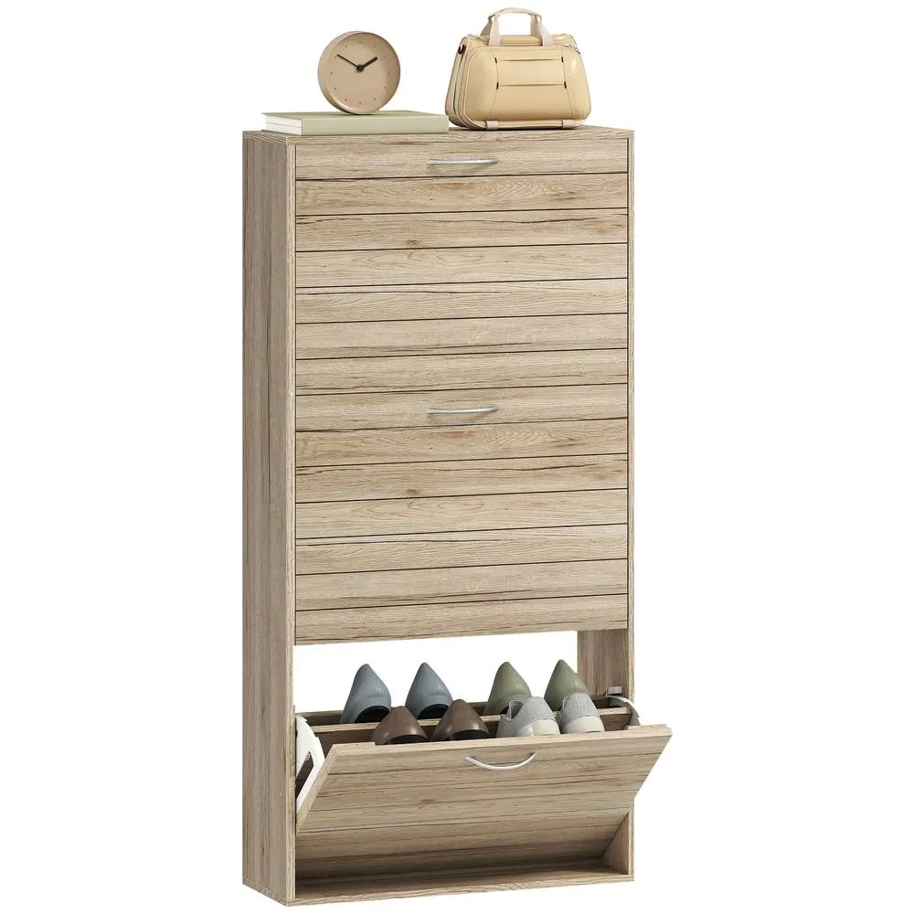 HOMCOM Slim Shoe Storage Cabinet with 3 Flip Drawers, Oak Wood Grain in Light Oak