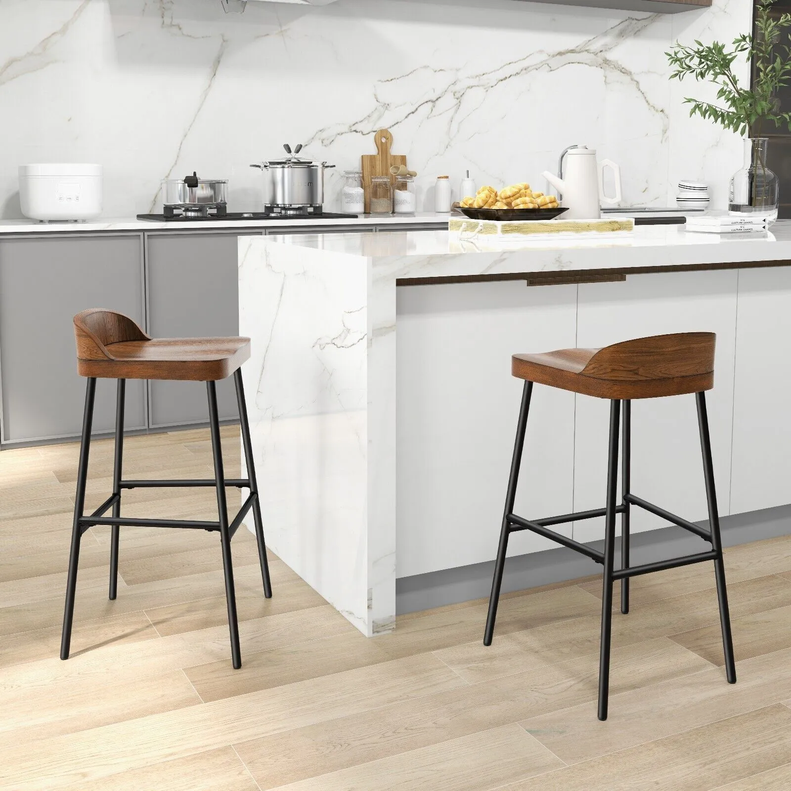Costway Set of 2 Industrial Bar Stools Tall Kitchen Stools Breakfast High Chair Low-Back in Brown 4