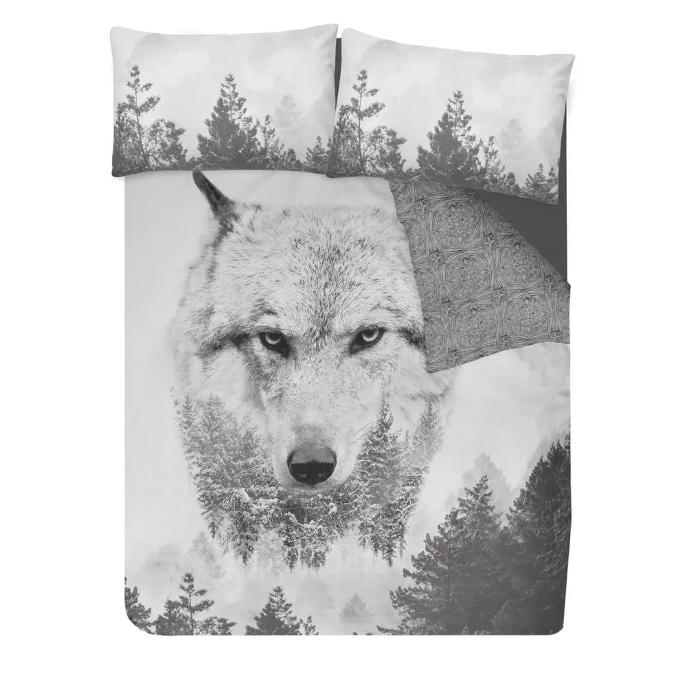 Smart Living Printed Reversible Polycotton Wolf Duvet Cover With Pillowcases in Grey 3