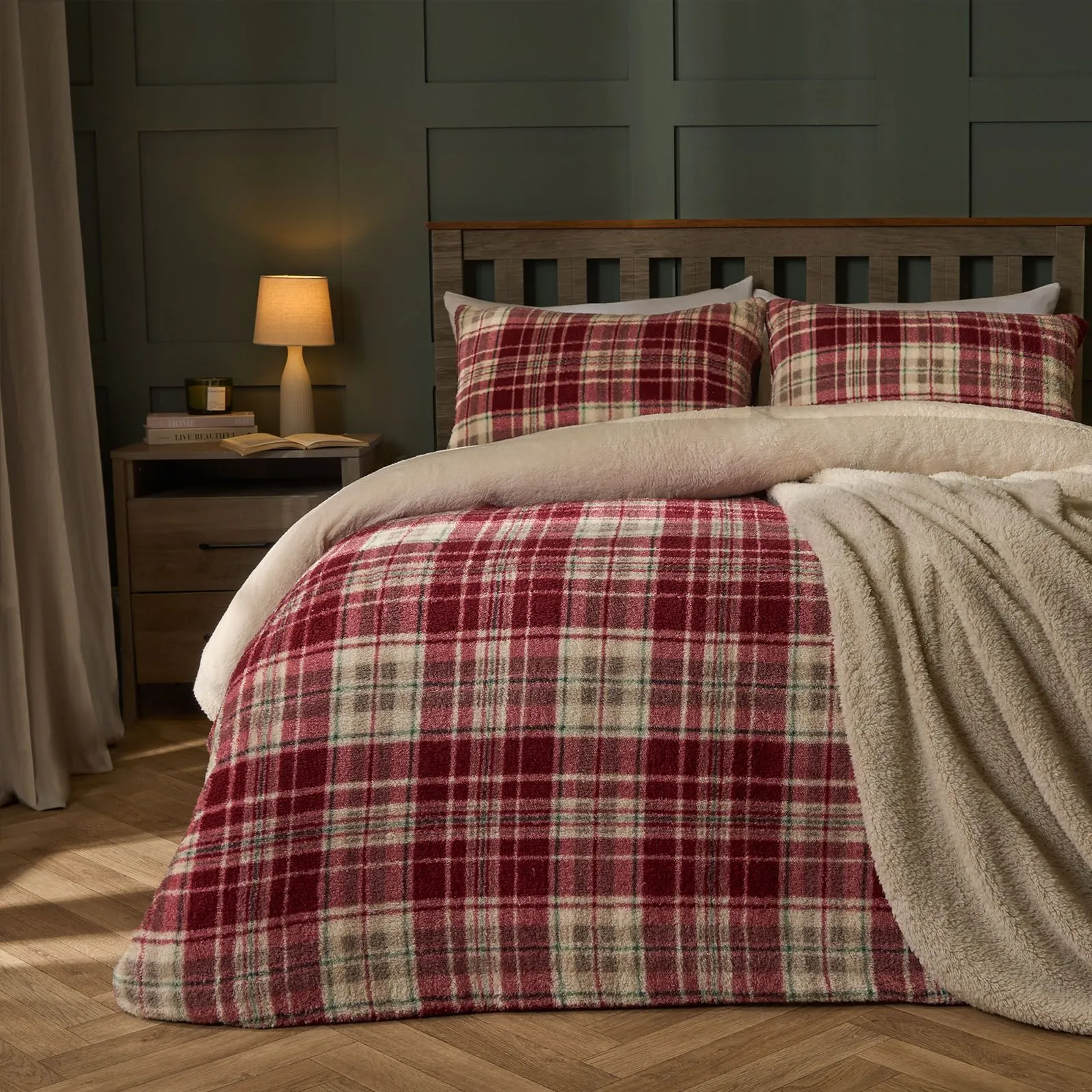 OHS Teddy Fleece Duvet Cover Set Pillowcase Bedding Check in Red
