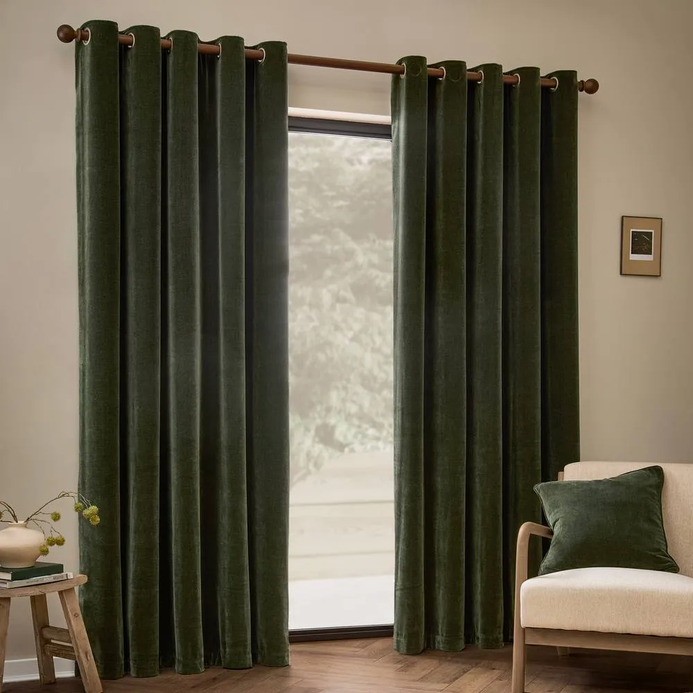 Yard Heavy Chenille Velvet Fully Lined Eyelet Curtain Pair in Bottle Green 4