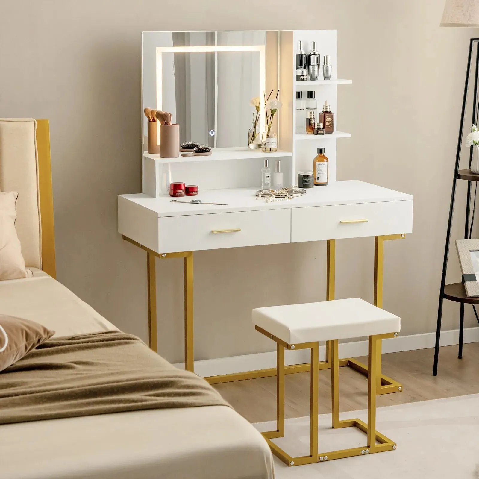 Costway Vanity Table Set Makeup Dressing Table with Cushioned Stool W/ Large LED Mirror in White 3