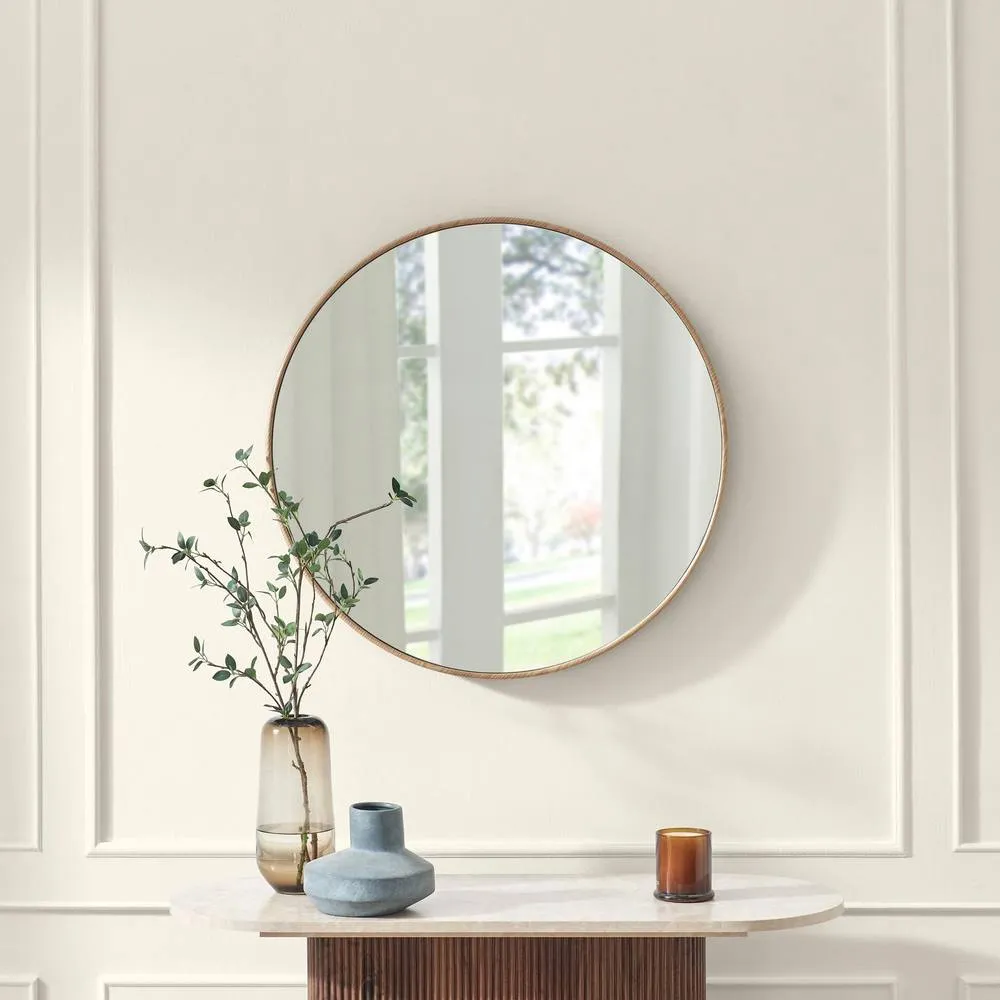 FurnitureboxUK Inga Oak Wood Medium Round 80cm Wall Mirror in Light Brown 2