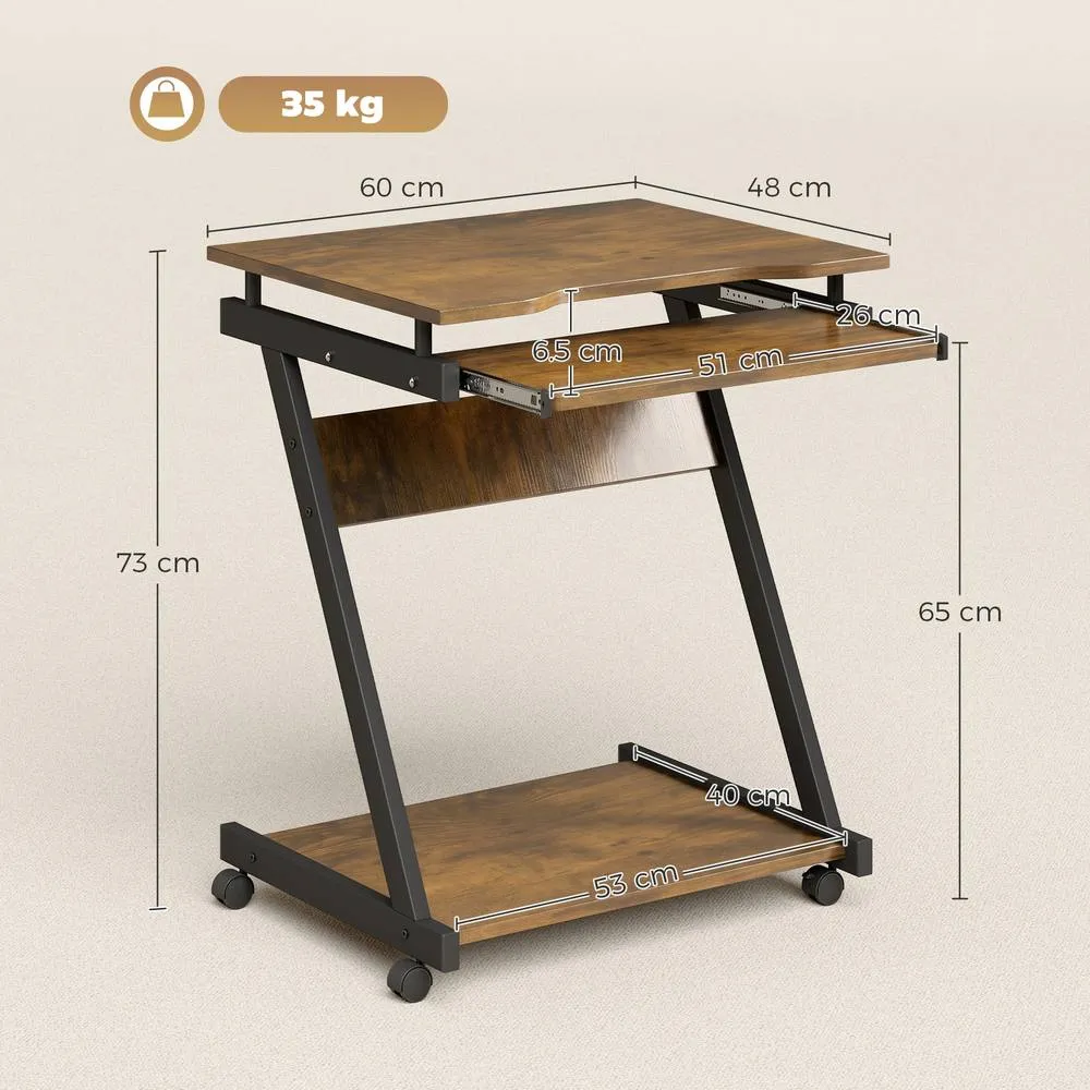 HOMCOM Movable Computer Desk with 4 Moving Wheels Rustic Brown 3