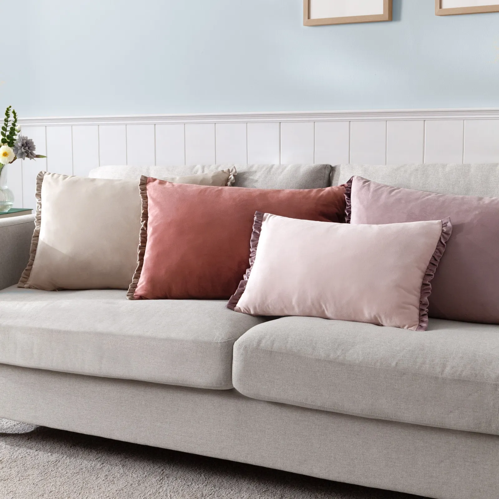 Wylder Tilly Velvet Frill Reversible Cushion in Pale Pink 5