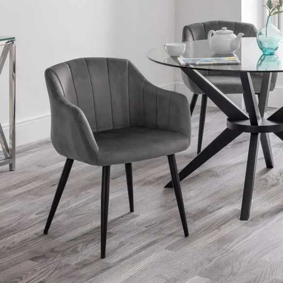Hobart Set of 2 Scalloped Dining Chairs, Grey Velvet