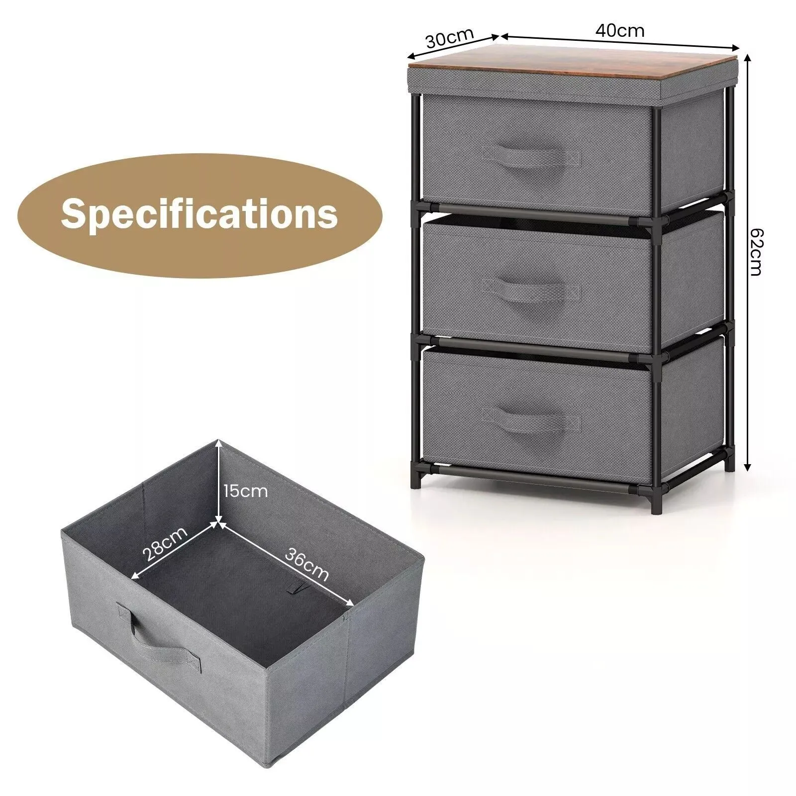 Costway 3 Chests of Drawers 3-Tier Nightstand Organizer Fabric Dresser with Metal Frame in Grey 2