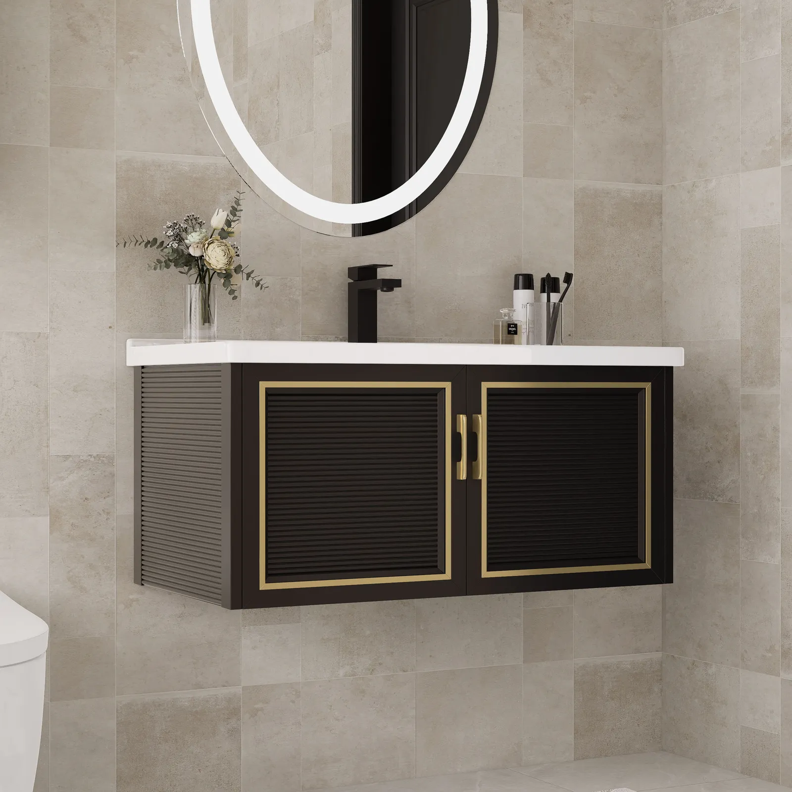 27.9" Floating Bathroom Vanity Set Wall Mounted Black with Ceramic Sink & Cabinet