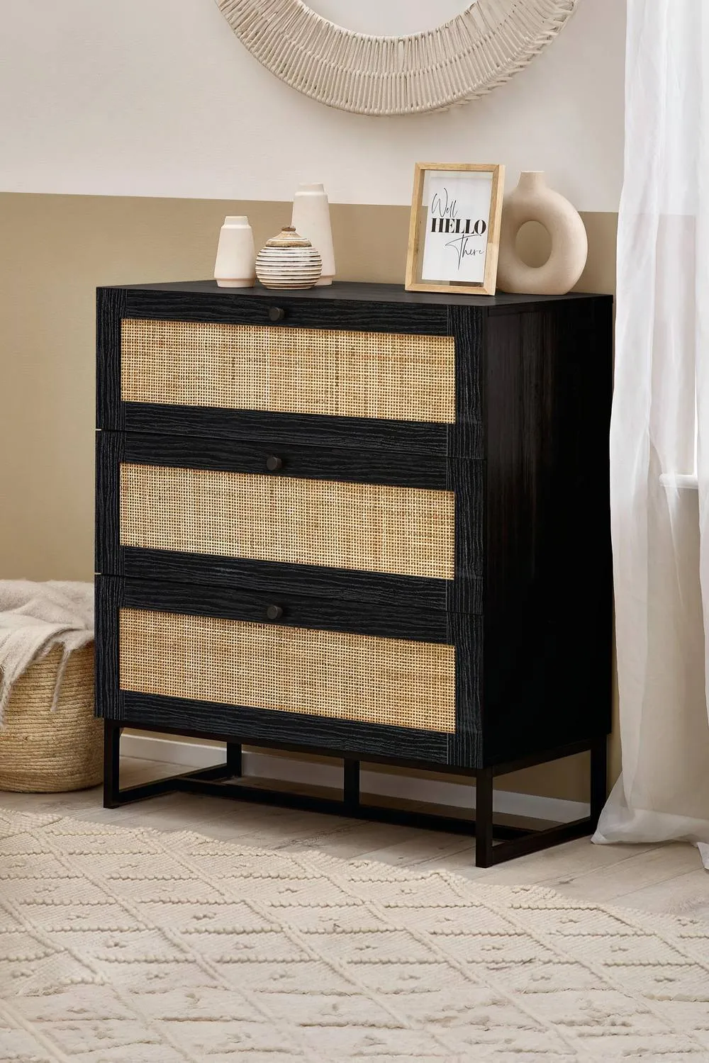 Julian Bowen Padstow Rattan 3 Drawer Chest in Black