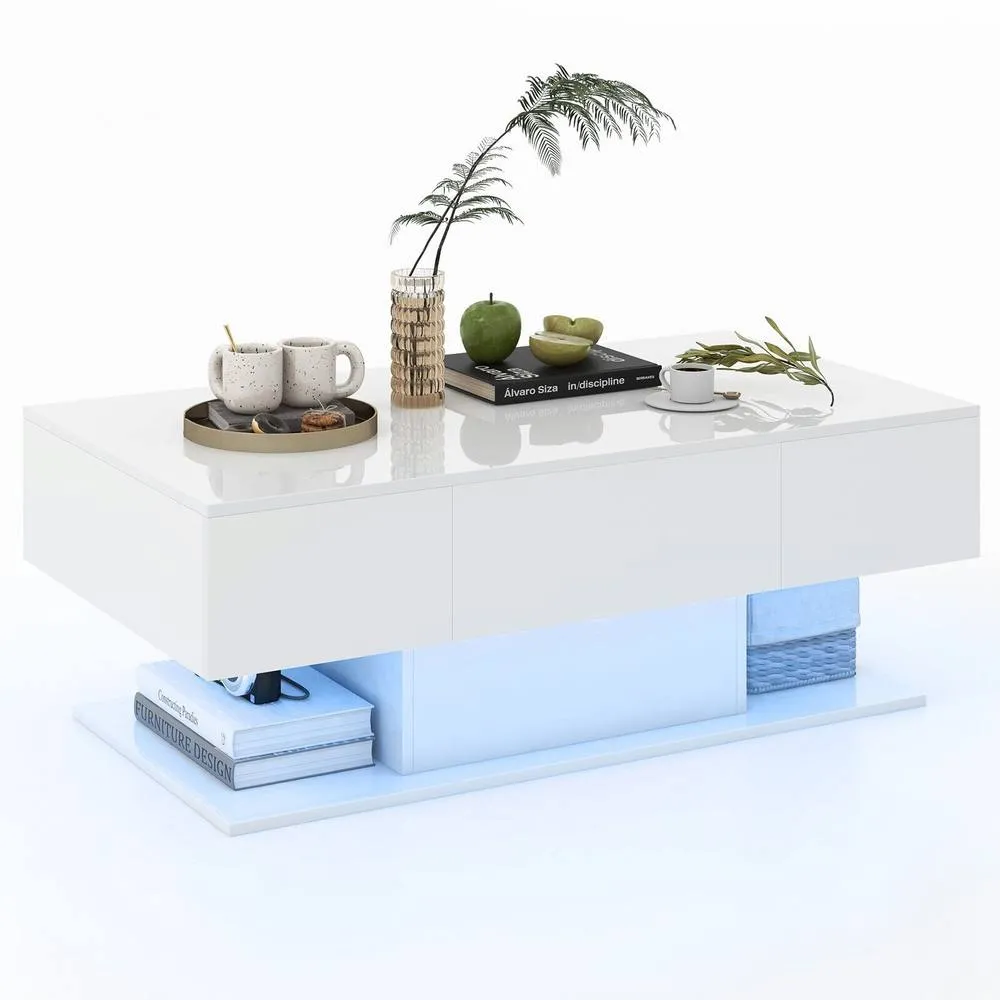 Costway 2-Tier Coffee Table Center Table Cocktail Table w/ LED light in White