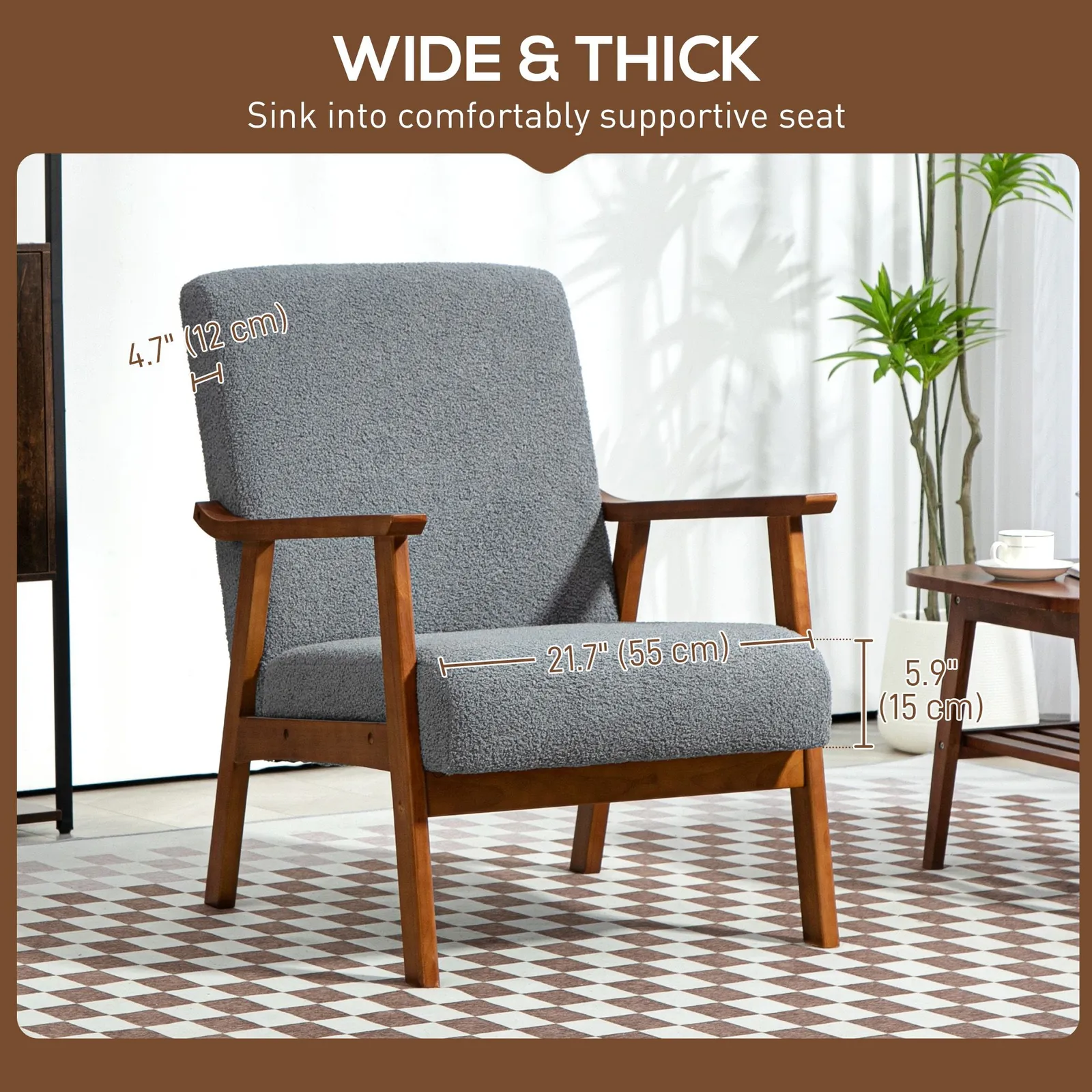 HOMCOM Boucle Accent Chair Armchair W/ Wide Seat for Living Room Bedroom in Grey 4
