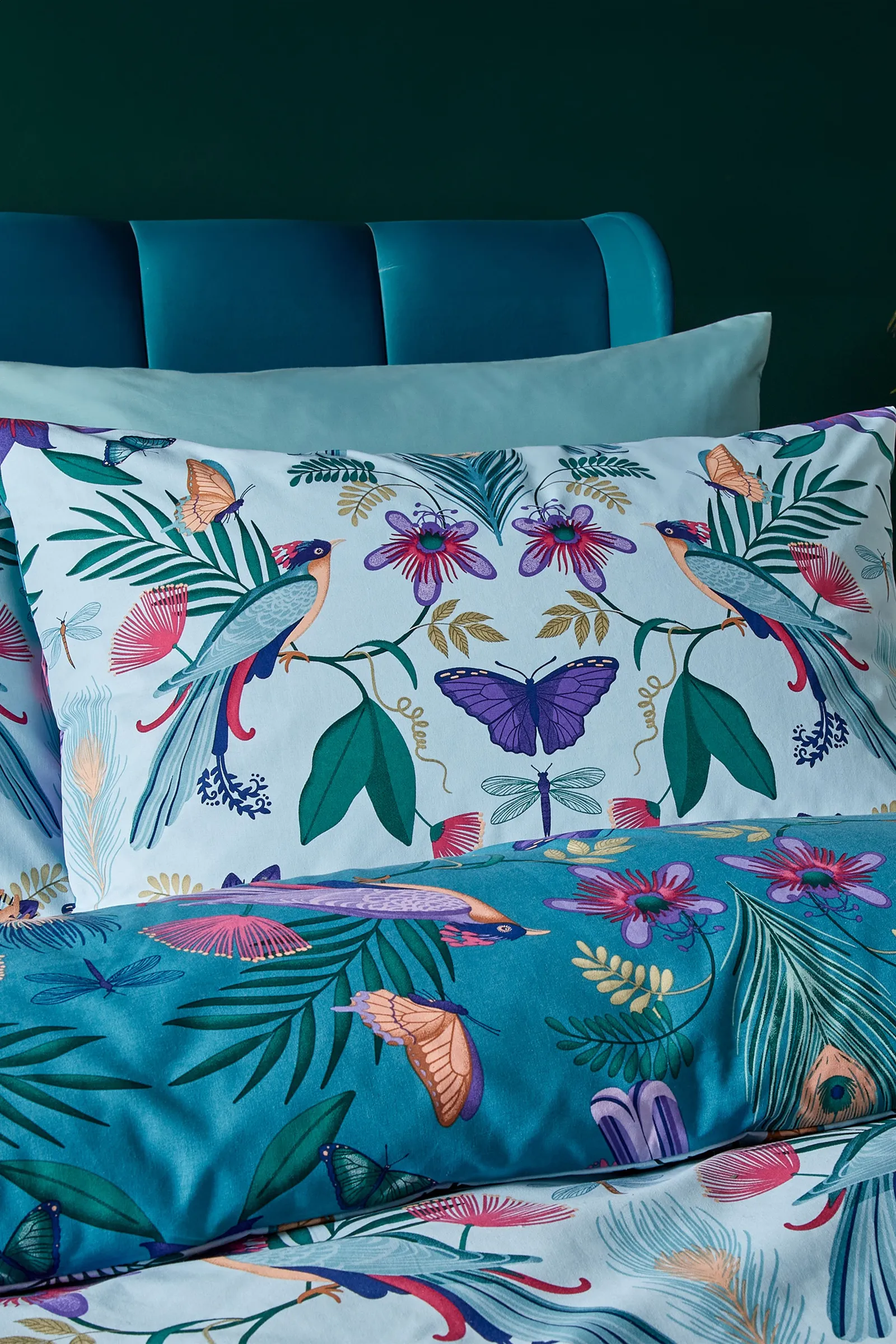 Catherine Lansfield 'Mya Tropical Floral' Reversible Duvet Cover Set in Duck Egg Blue 3