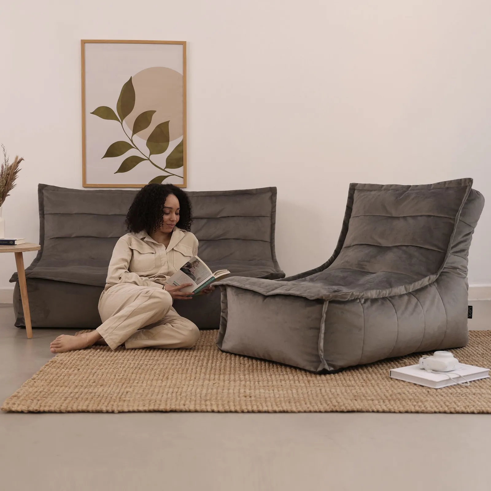 icon Kota Velvet XL Bean Bag Sofa & Lounger Set Grey Bean Bag Chair in Charcoal