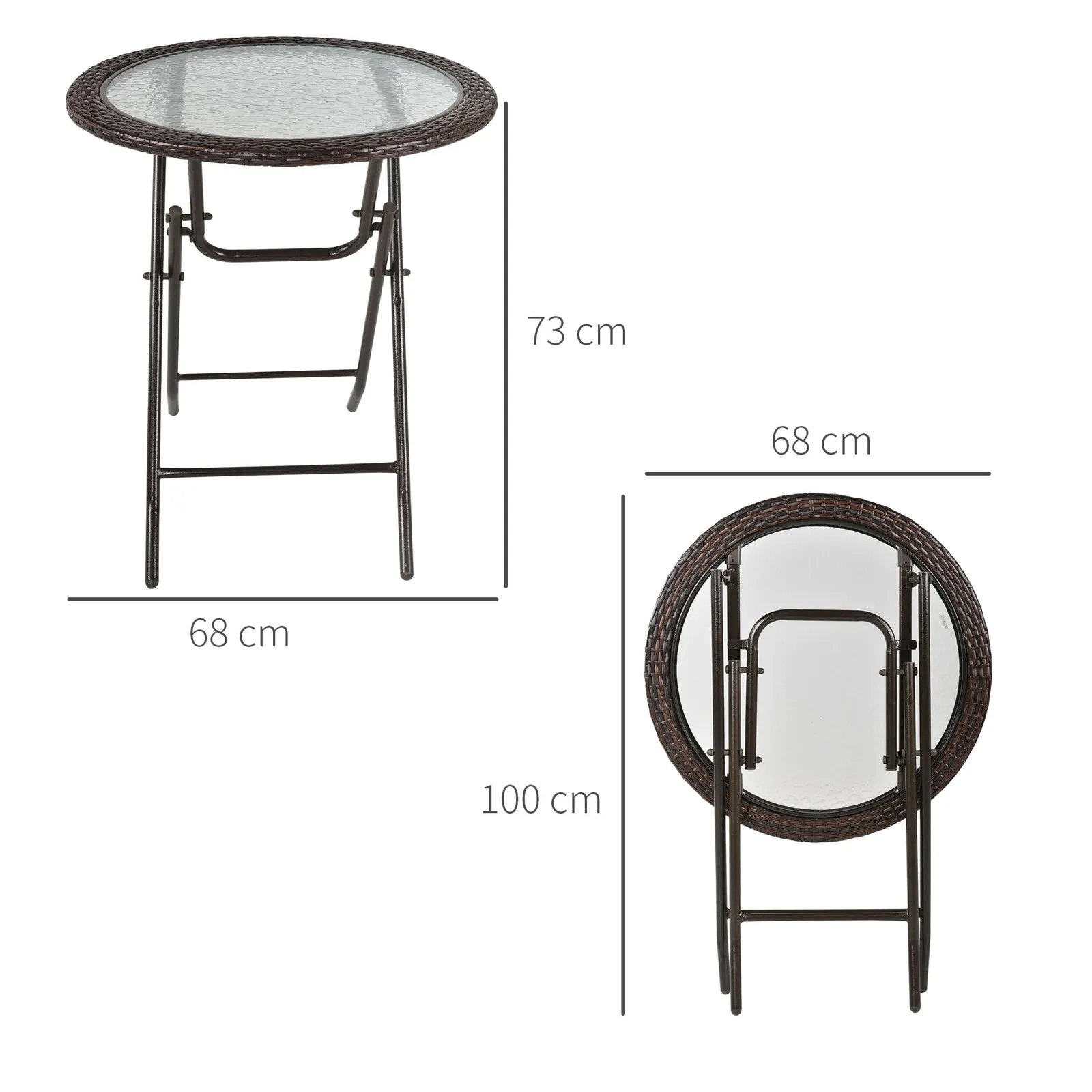 OUTSUNNY Folding Round Tempered Glass Metal Table with Brown Rattan Edging 3