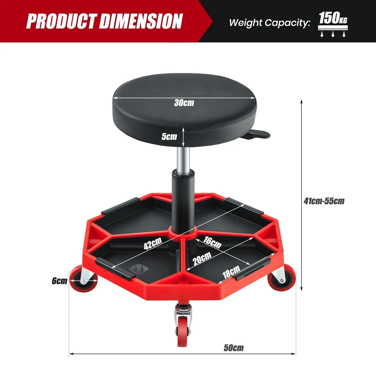 Costway Rolling Mechanic Stool Height Adjustable Workshop Creeper Seat 360 Swivel in Red 2