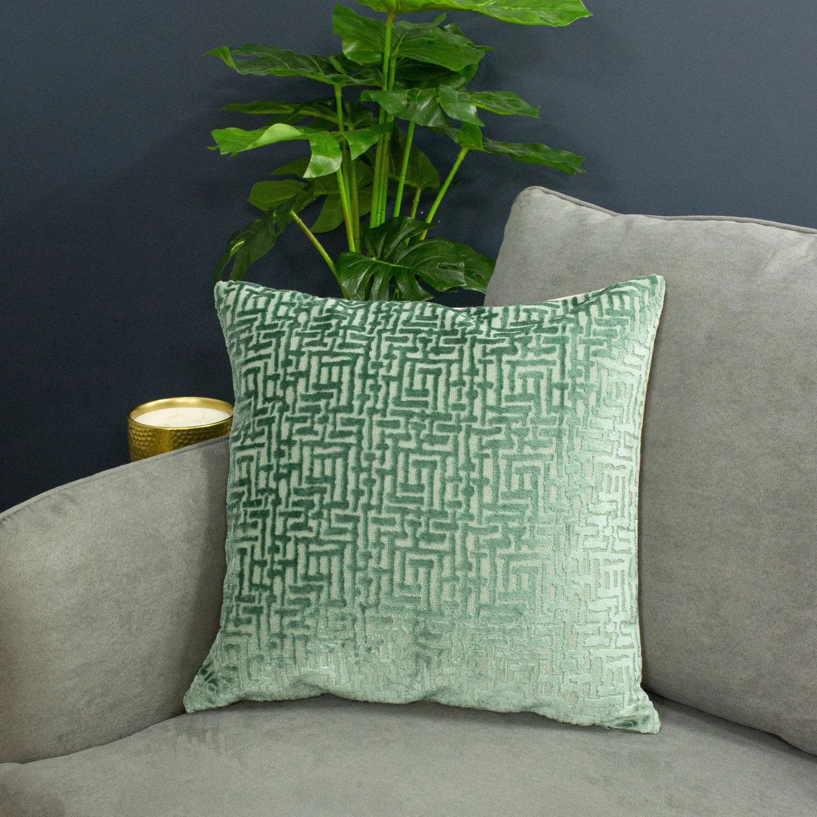Paoletti Delphi Maze Cut Velvet Cushion in Mint 1