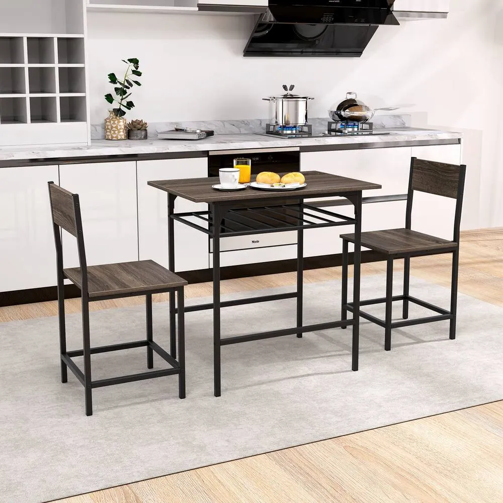 Costway Dining Table Set for 2 3-Piece Wood Rectangular Table & Chair Set w/ Metal Frame in Grey 3