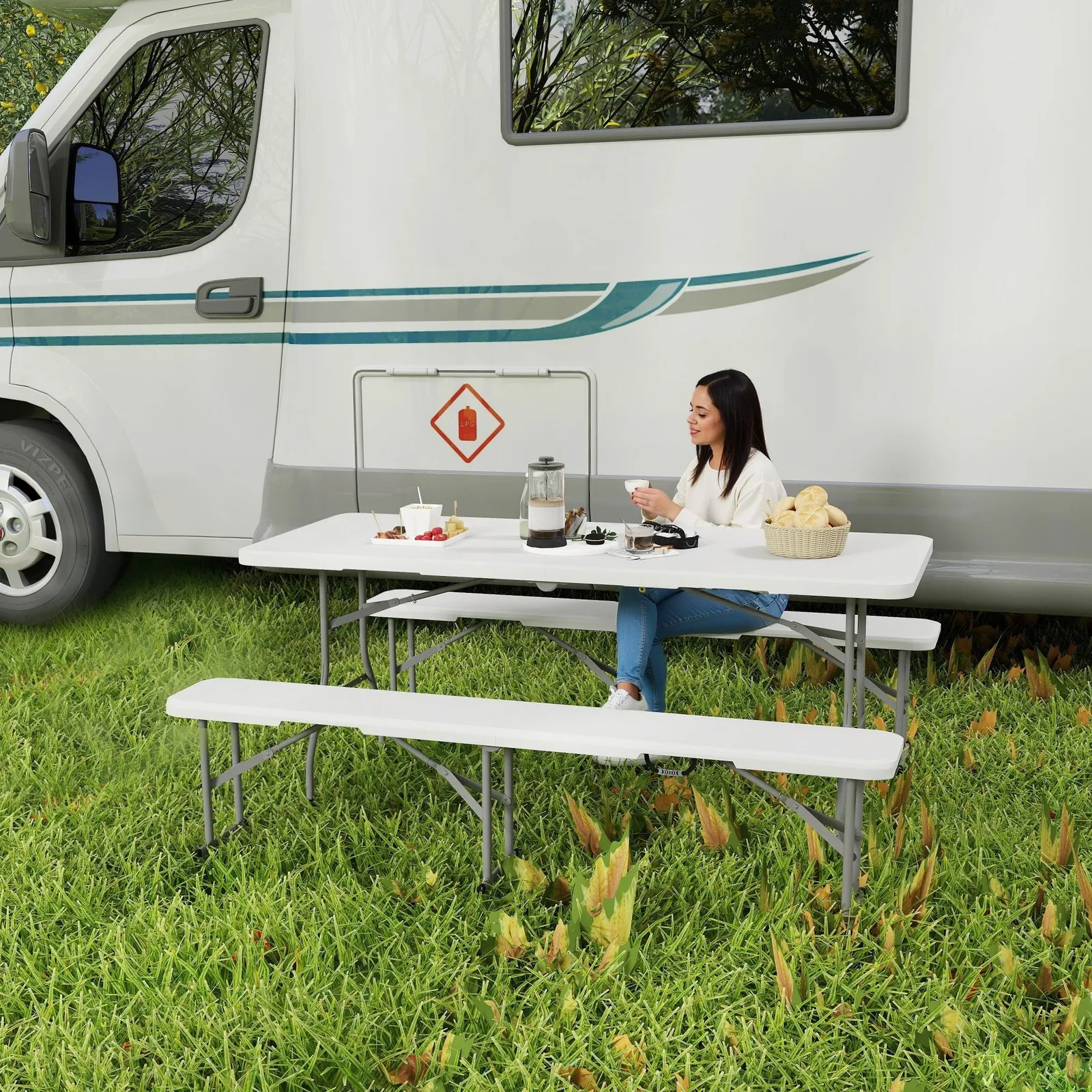 OUTSUNNY 3 Piece Folding Picnic Table & Bench Set with Handles, White