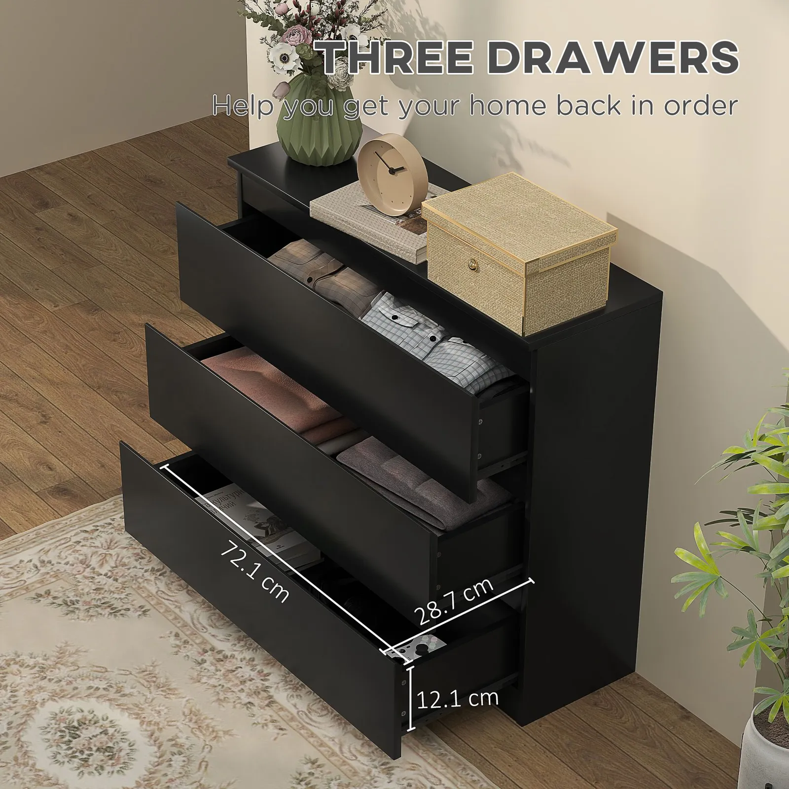 HOMCOM Chest of Drawers, 3 Drawer Storage Cabinet Unit for Bedroom in Black 6