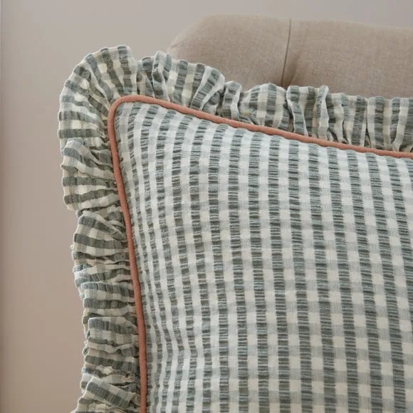 Seersucker Gingham Frill Cotton Square Cushion 2