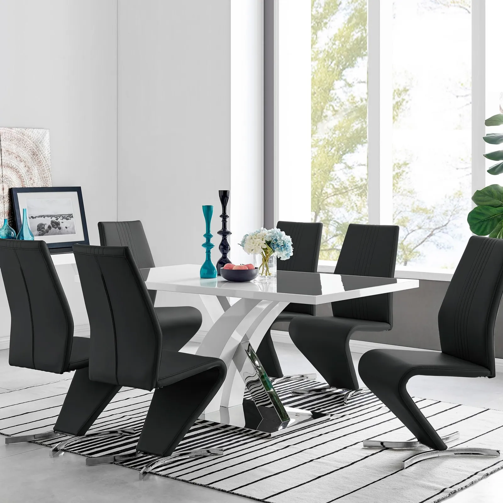 FurnitureboxUK Atlanta Modern Rectangle Chrome Metal High Gloss White Dining Table & 6 Willow Chairs Set in Black 1