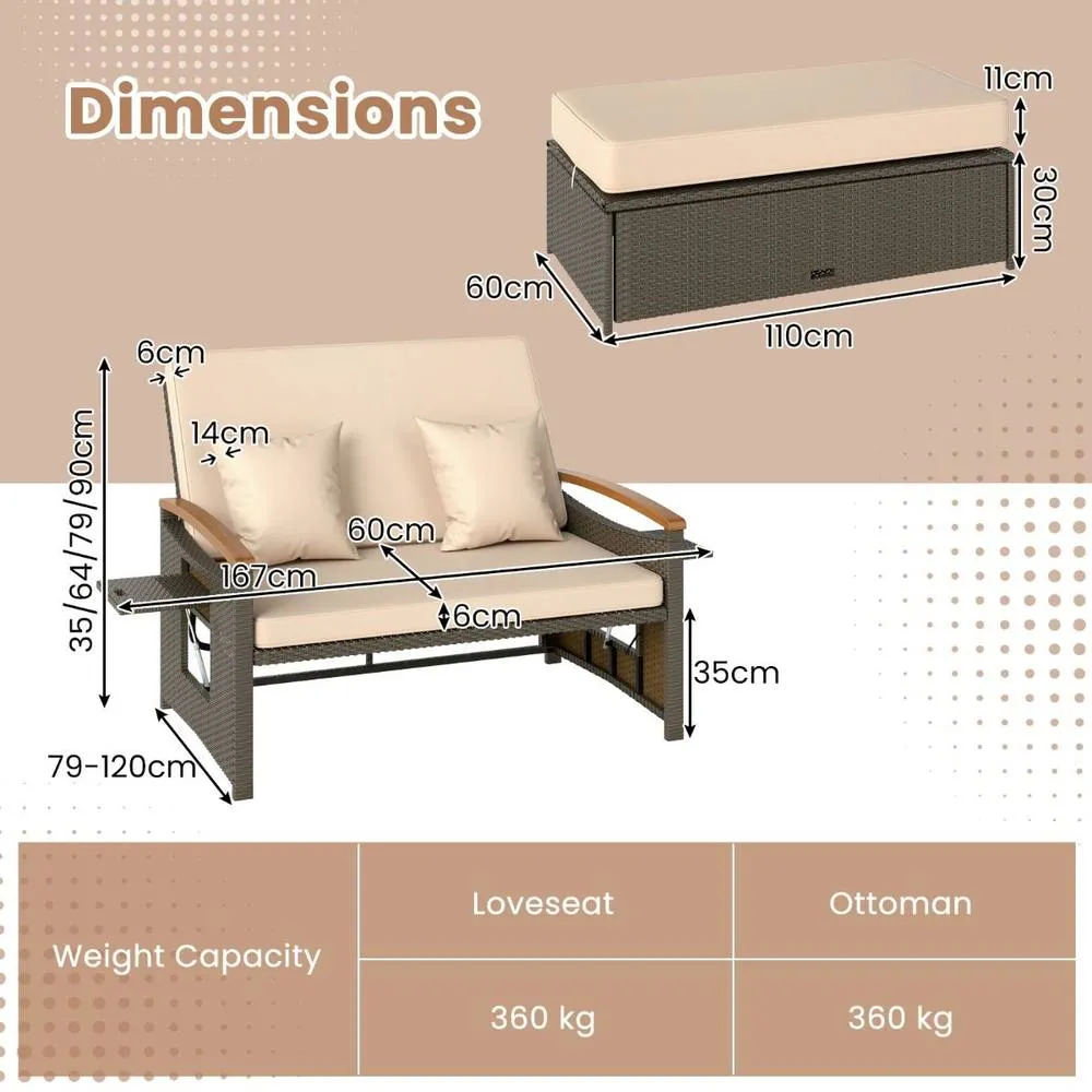 Costway Garden Rattan Daybed Patio Double Wicker Chaise Sun Lounger w/Cushion in Brown 3