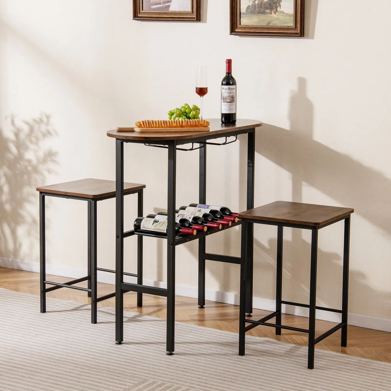 Costway 3 Piece Counter Height Table Set Oval Dining Table & 2 Stools in Brown 3