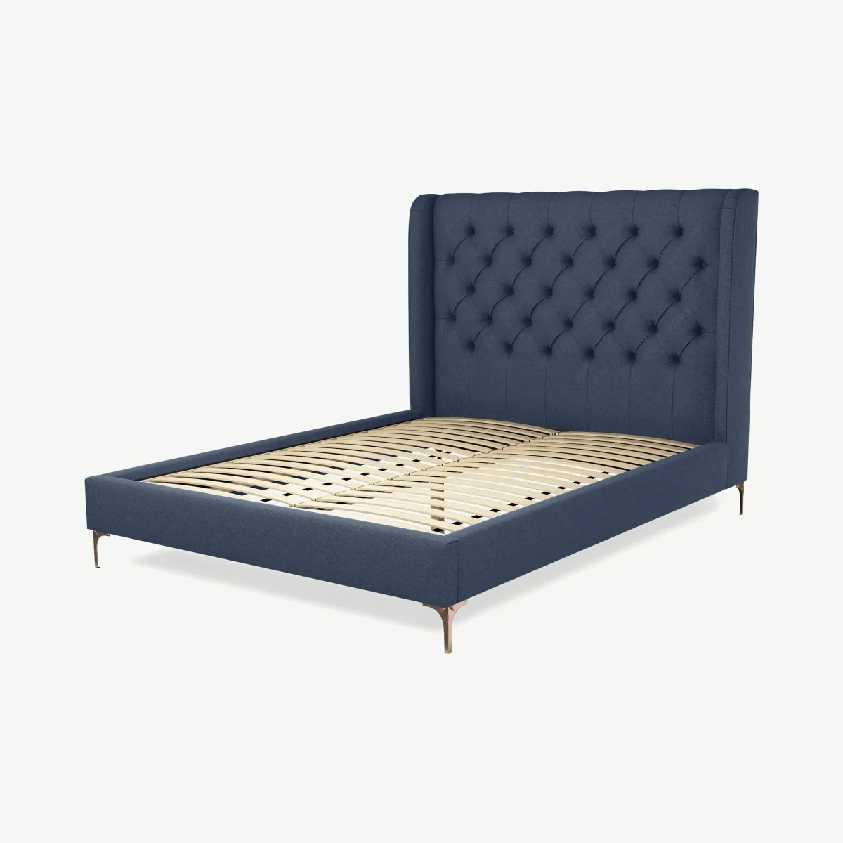 Romare King Size Bed, Shetland Navy Wool with Copper Legs