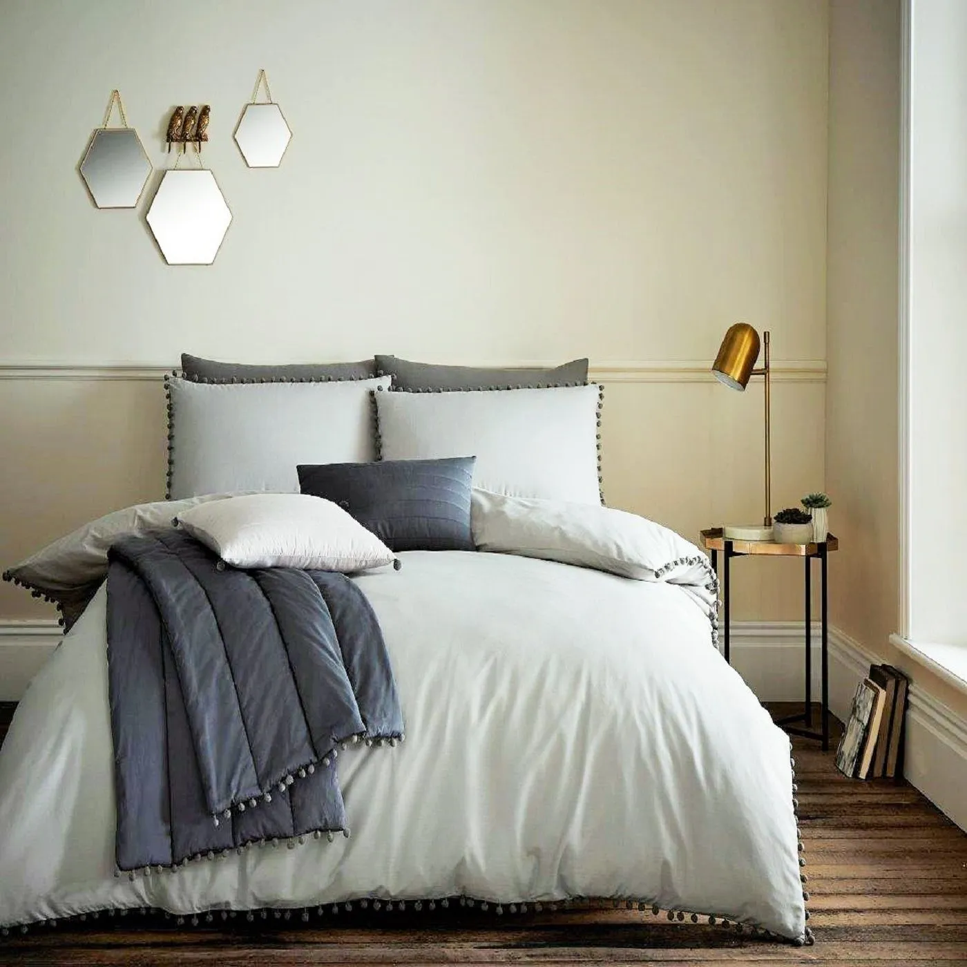 Smart Living Premium Polycotton Pom Pom Duvet Cover With Pillowcases in Grey 1