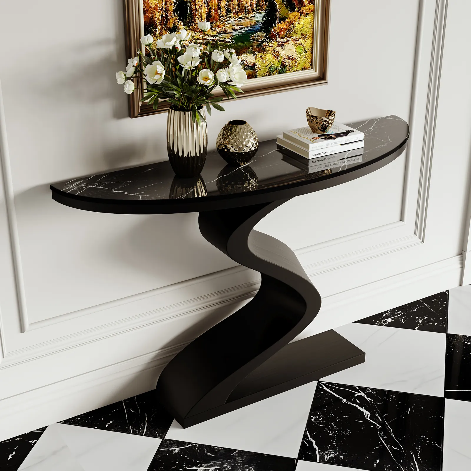Curved Console Table with Sintered Stone Top Half Moon Shape Entryway Furniture in Black (100 cm Wide)