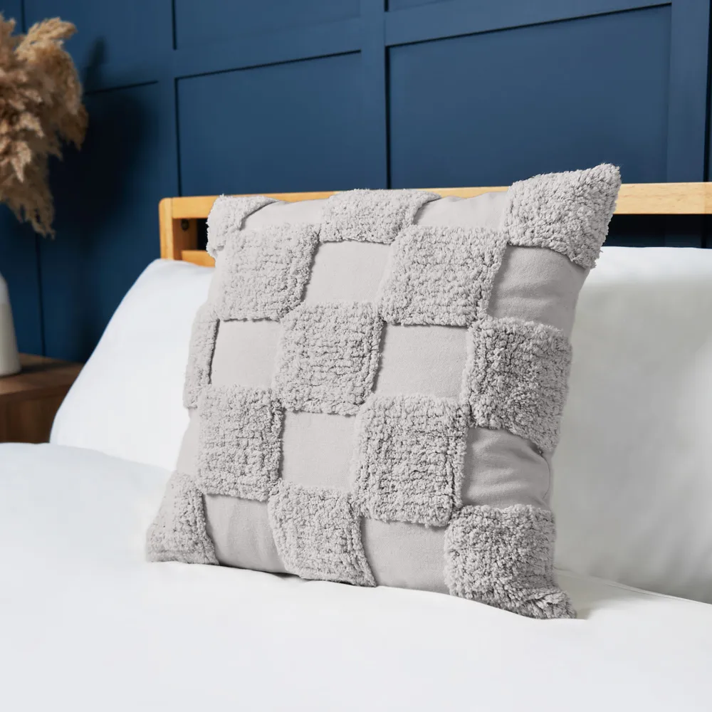 100% Cotton Tufted Checkerboard Cushion, Grey