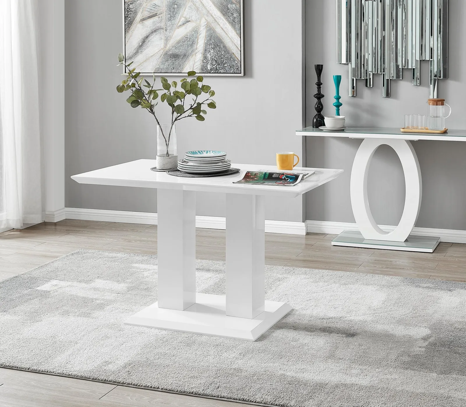 FurnitureboxUK Imperia 4 Seater Modern White High Gloss Rectangular Dining Table & 4 Milan Velvet Chairs in Grey 2