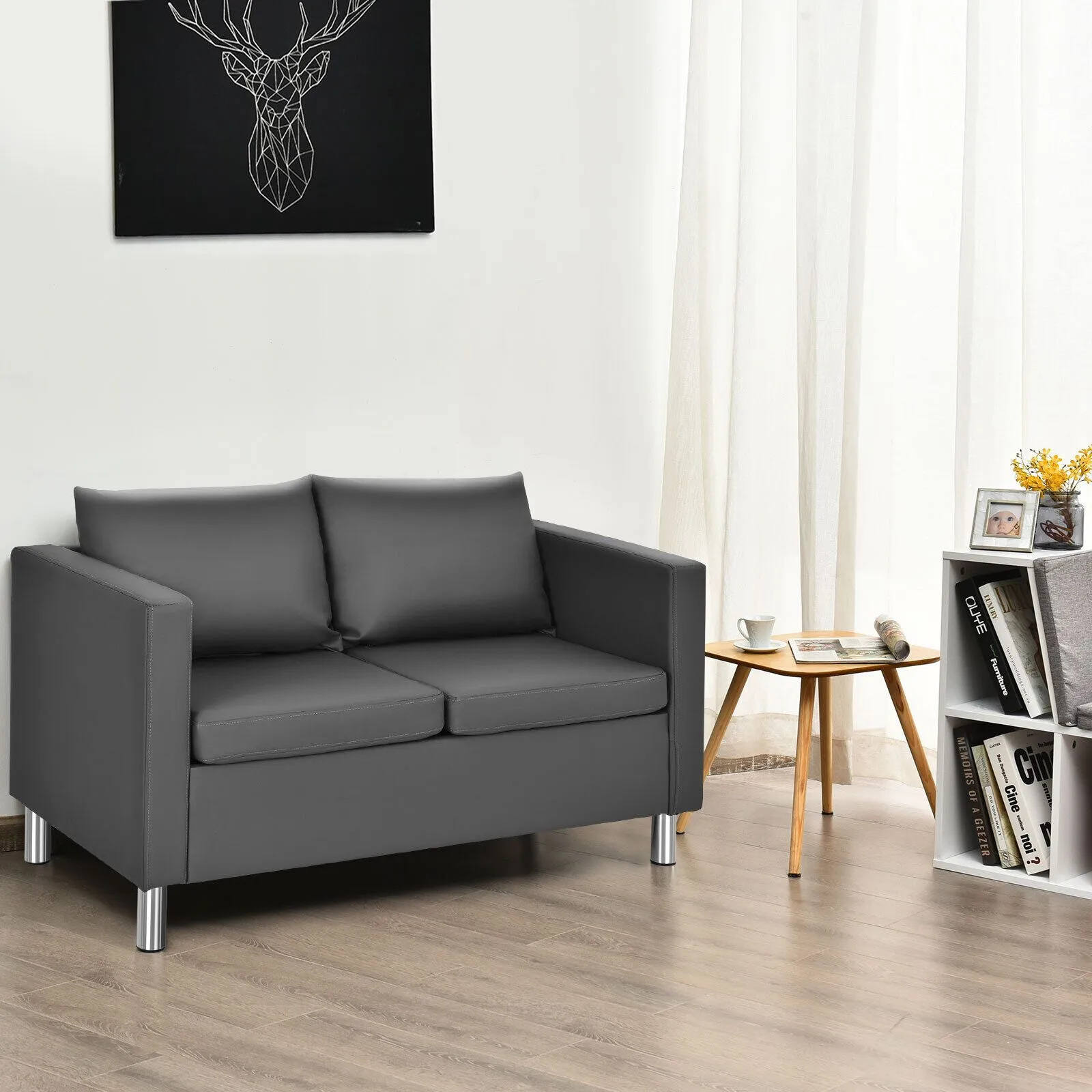 Costway Modern PU Leather Sofa Chair Loveseat Single Armchair Couch 2 Seater Home Office in Grey 6