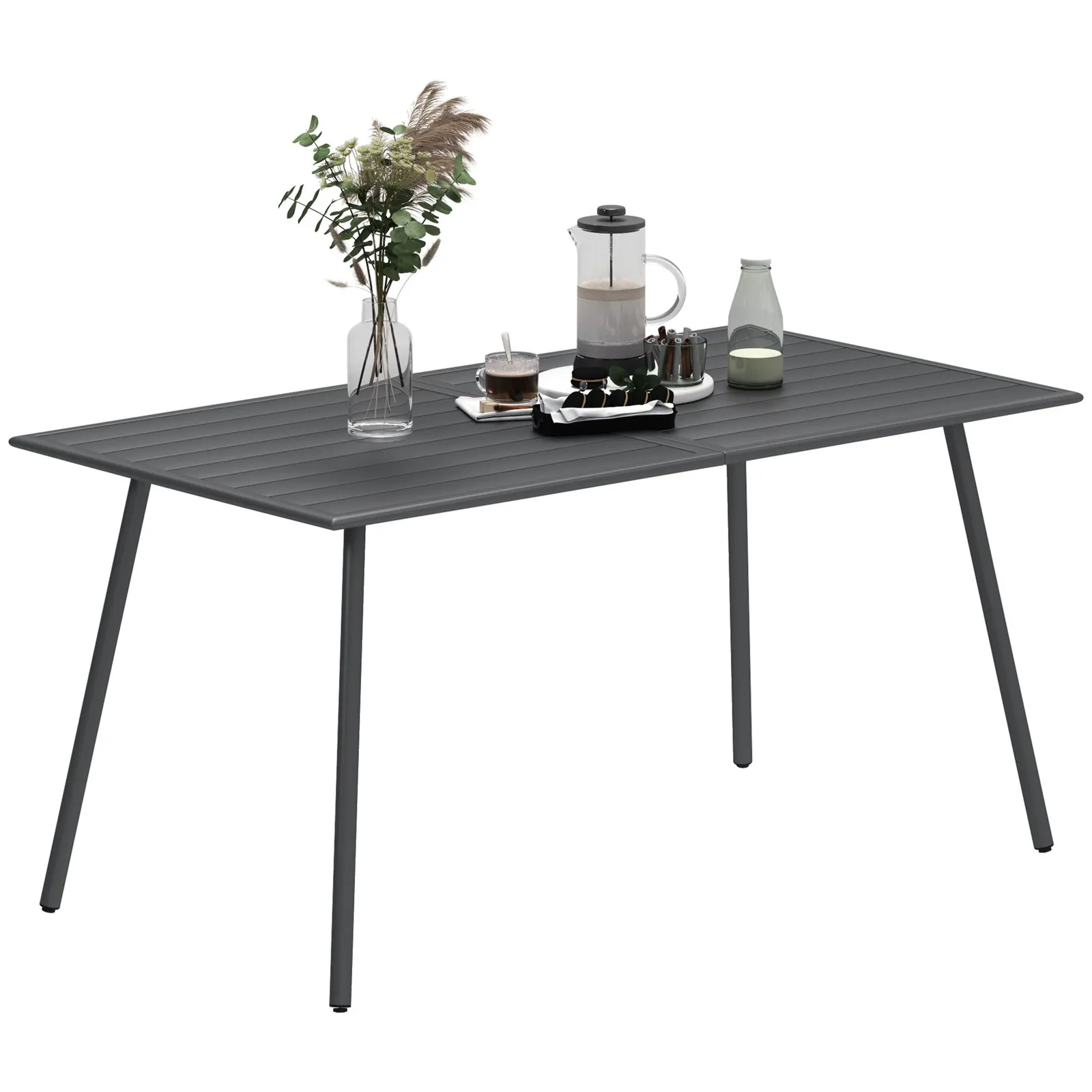 OUTSUNNY Garden Dining Table for 6 Person with Slat Top, Steel Frame, Grey 2
