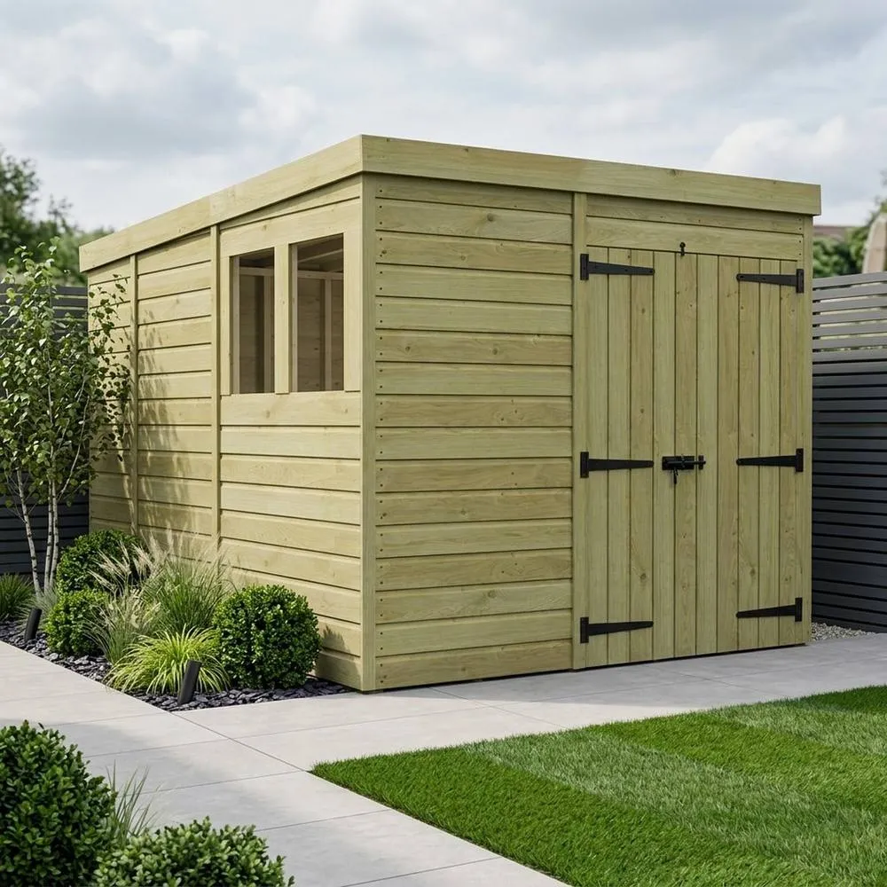 Buttercup Farm 7ft x 9ft Pent Garden Shed Double Door With Windows - Timber in Brown 2