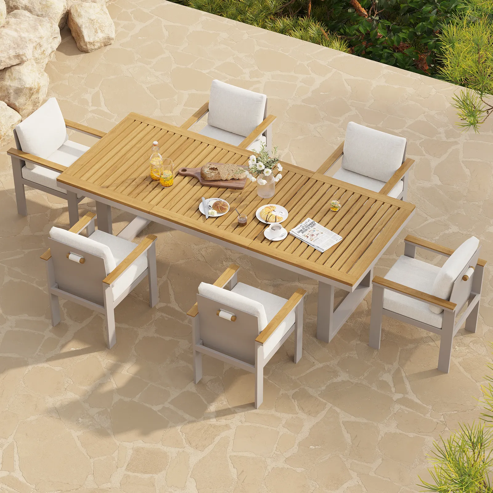 Tevara Rectangle Teak Wood & Aluminium Outdoor Patio Dining Table Modern Yard & Patio Furniture for 6 - 8 Person Teak & Aluminium Outdoor Dining Chair