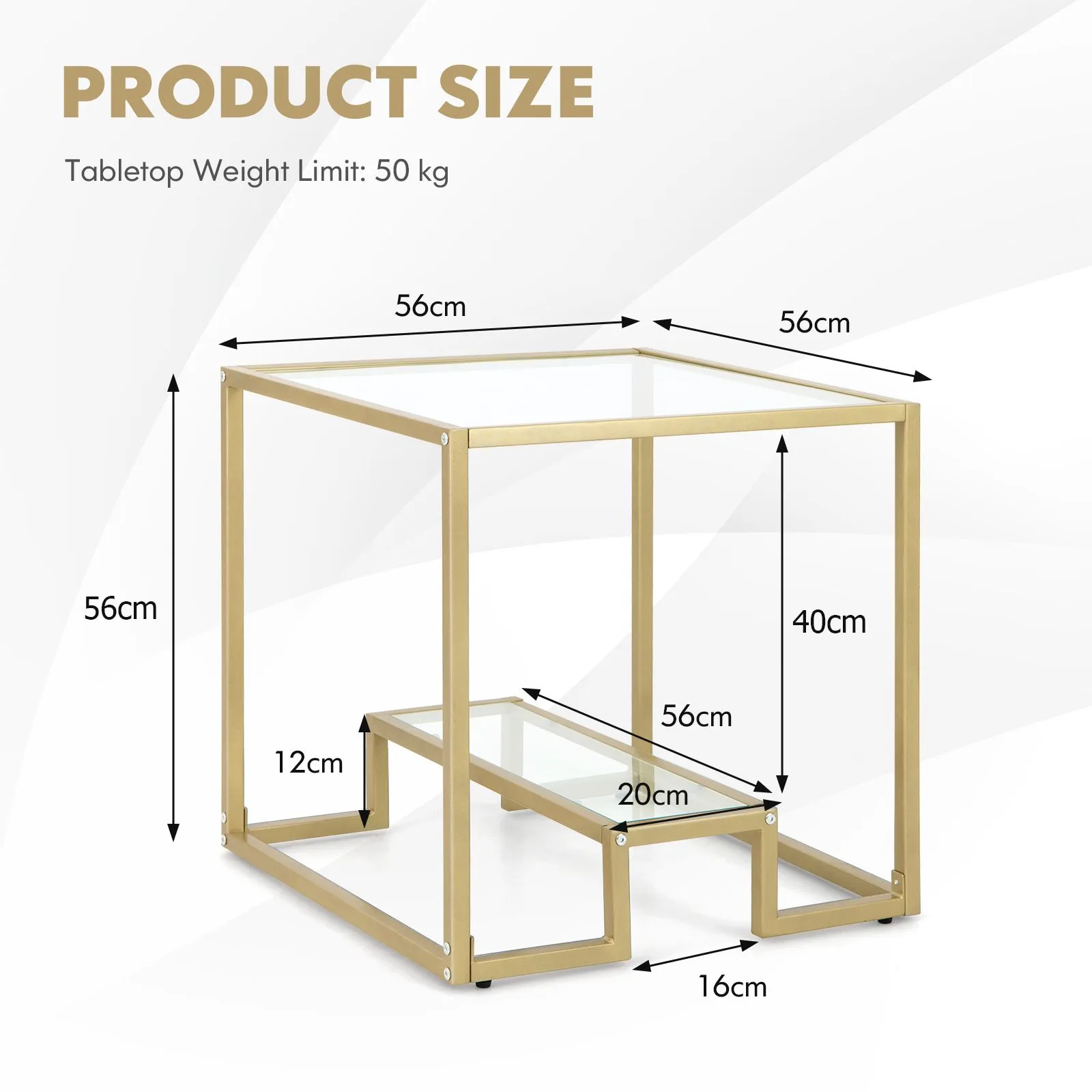 Costway 2-Tier Square Side Table Sofa End Snack Table Nightstand Tempered Glass Tabletop in Gold 2