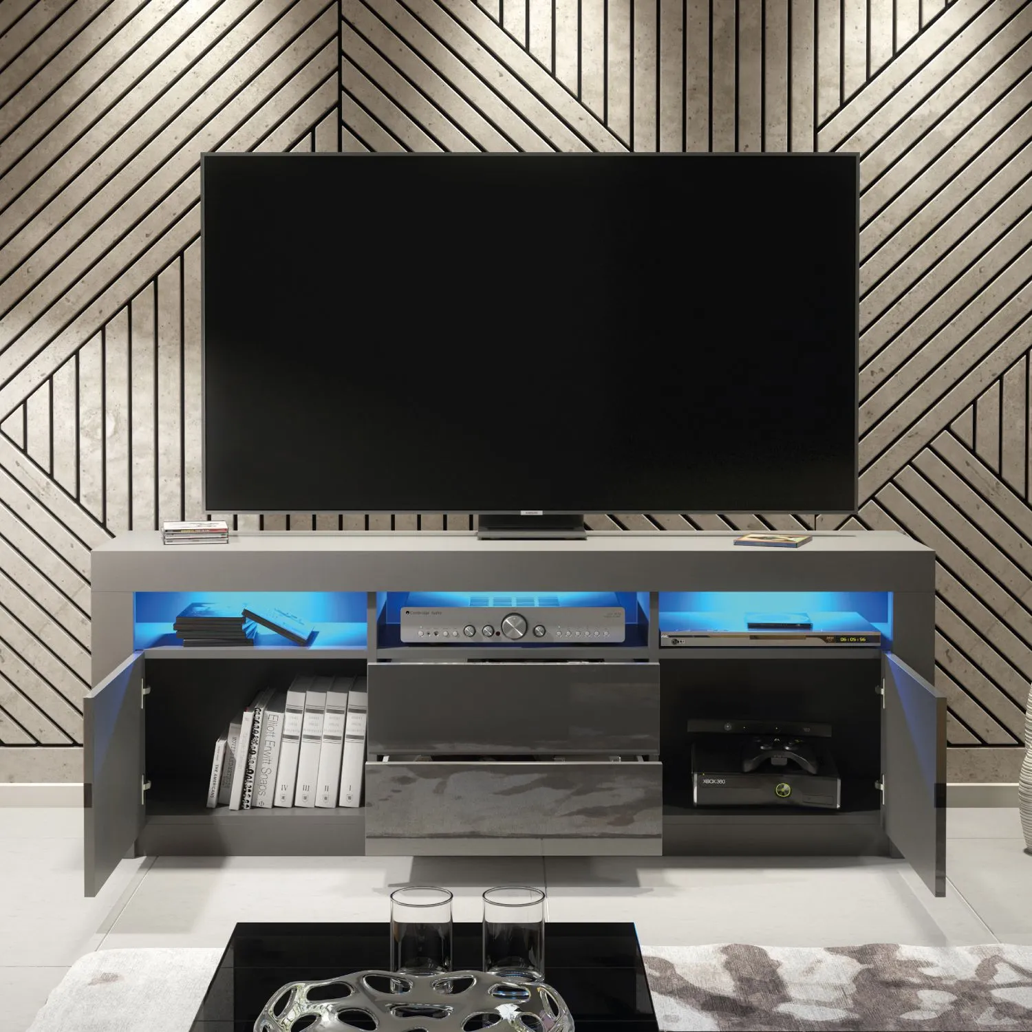Creative Furniture Shine TV Unit 160cm - A Bright & Stylish Cabinet with Gloss Doors & LED Lights in Dark Grey 2