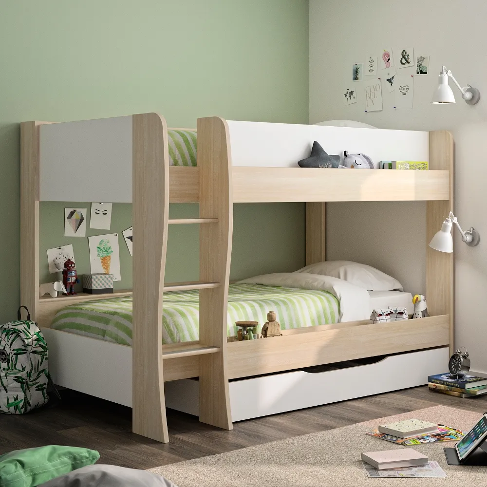 Roomy Oak and White Wooden Bunk Bed With Storage Drawer Frame - EU Single