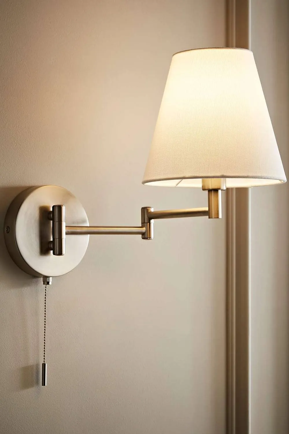 ValueLights Sonia Adjustable Swing Arm Wall Light with Tapered Linen Lamp Shade in Silver