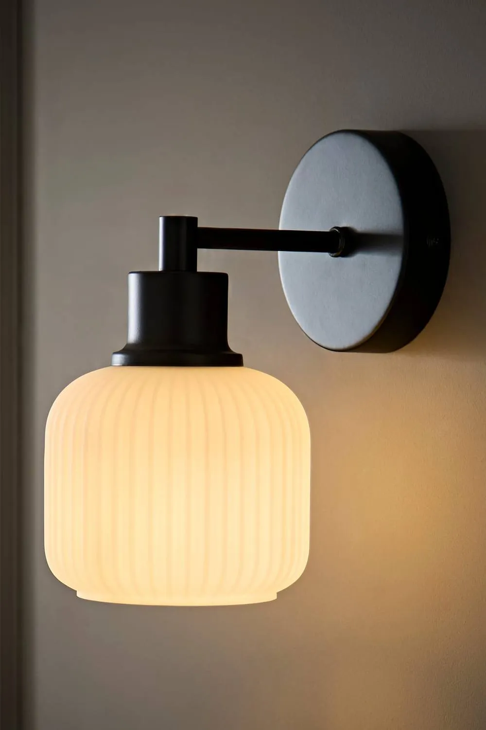 ValueLights Calpe Ribbed Glass Semi Flush Metallic Arm Wall Light in Black