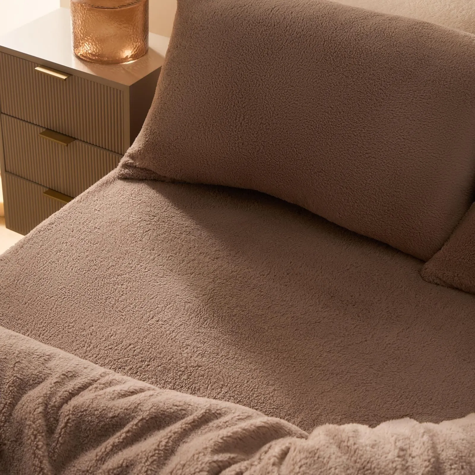 OHS Teddy Fleece Thermal Fitted Bed Sheet in Brown | Size: Single Fitted