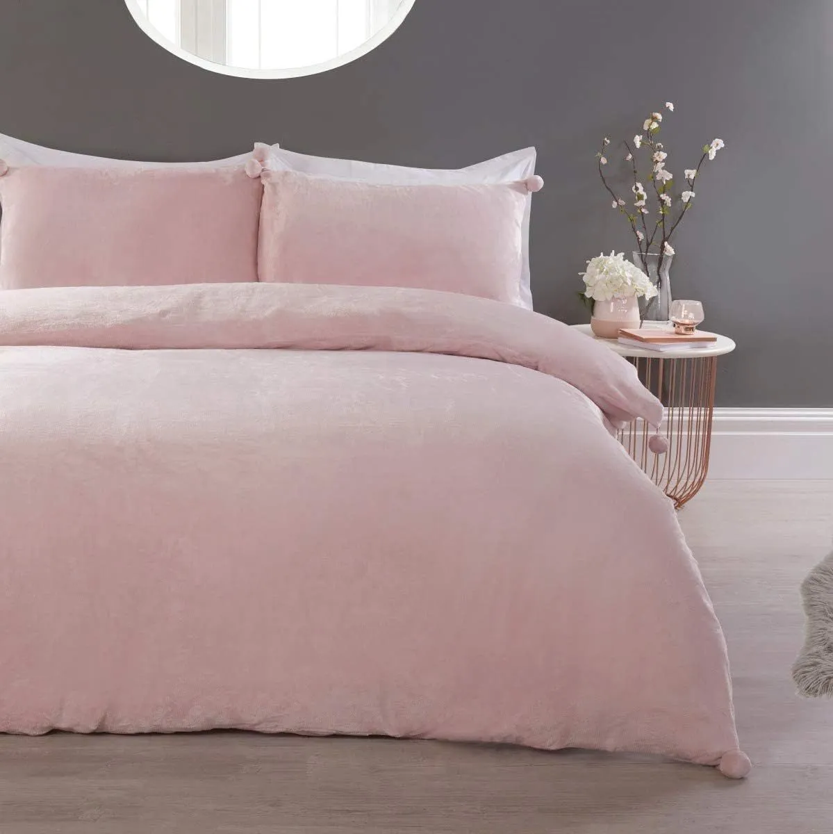 Smart Living Luxurious Pom Pom Fleece Duvet Cover with Pillowcases in Light Pink 1