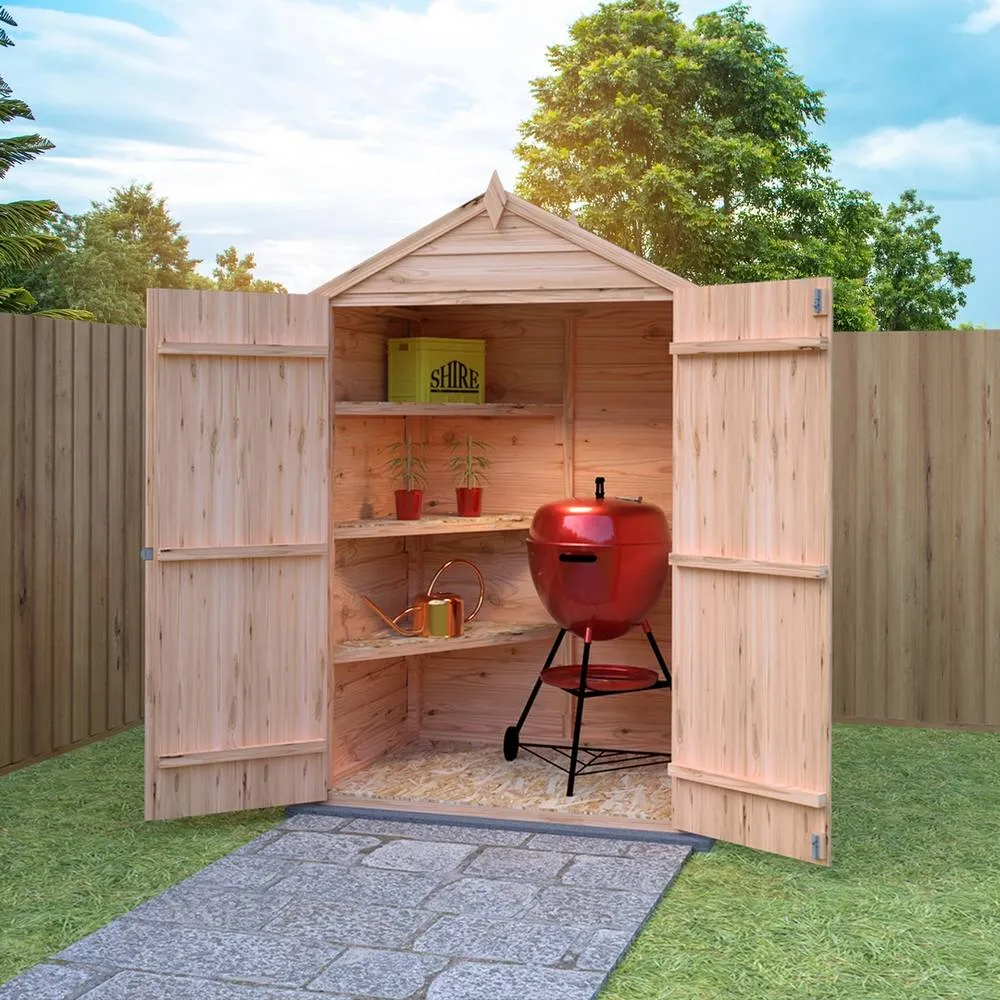 Shires Overlap 4x3 Feet Dip Treated Apex Shed Double Door - 3 Corner Shelves in Brown 2