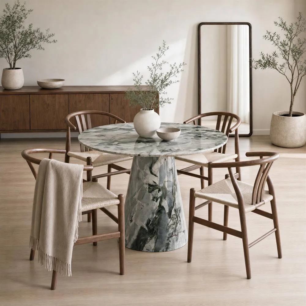 FurnitureboxUK Palma Round Green Marble Effect Dining Table & 4 Caia Chairs